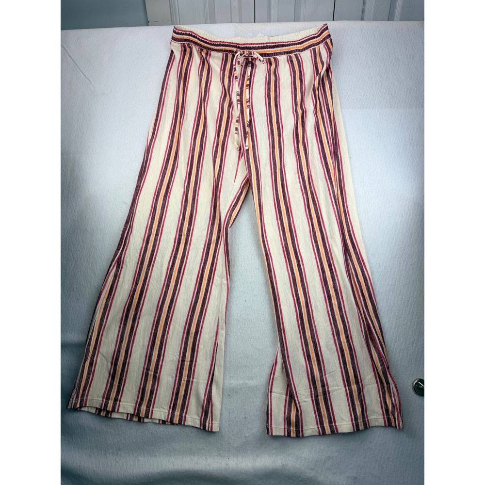 American Eagle Striped Wide Leg Pants Cream Burgundy Orange Drawstring NWT